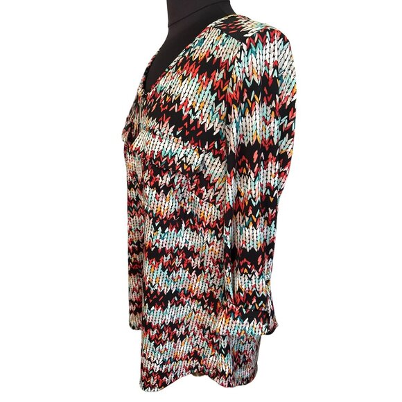 New Directions Curvy 1X Top Multicolor Zigzag Print Half Zip 3/4 Sleeves - Picture 2 of 8